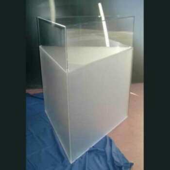 Vitrine triangulaire sur piédestal en plexiglas
