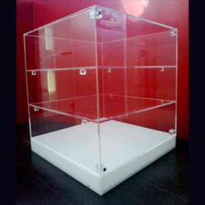 Vitrine a cube plexiglas base opale 3 étagères